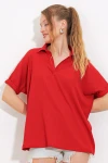 Kadın Kırmızı Oversize Polo Yaka Örme Bluz 0486