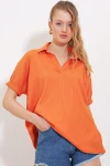 Kadın Turuncu Oversize Polo Yaka Örme Bluz 0486