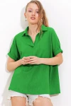 Kadın Yeşil Oversize Polo Yaka Örme Bluz 0486