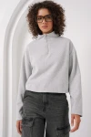 55449 Fermuarlı Yaka Örme Sweatshirt - Gri