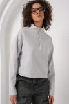 55449 Fermuarlı Yaka Örme Sweatshirt - Gri