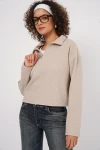 55449 Fermuarlı Yaka Örme Sweatshirt - Krem