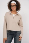 55449 Fermuarlı Yaka Örme Sweatshirt - Krem