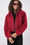 5193 Kapüşonlu Peluş Crop Ceket - Bordo