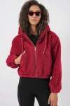 5193 Kapüşonlu Peluş Crop Ceket - Bordo