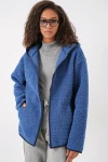 55456 Kadın Kapüşonlu Oversize Peluş Ceket - Saks