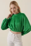 55392 Kadife Crop Bluz - Yeşil