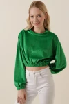 55392 Kadife Crop Bluz - Yeşil