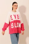 55438 Blok Renkli Peluş Sweatshirt - Fuşya