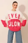 55438 Blok Renkli Peluş Sweatshirt - Fuşya